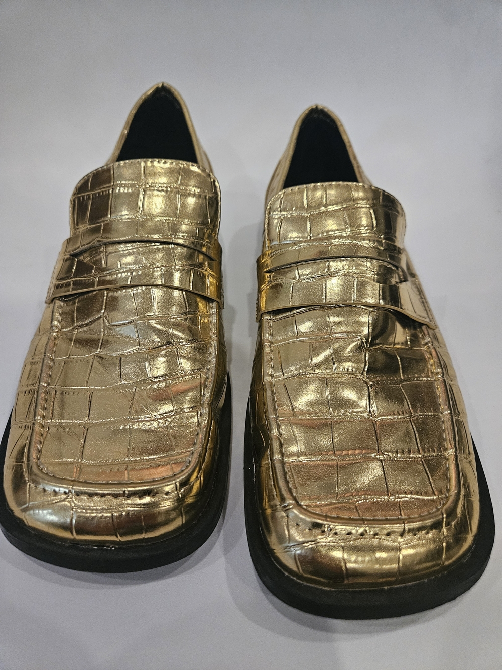 Zara Metallic Gold Croc-Embossed Women's Slip-On Loafers
